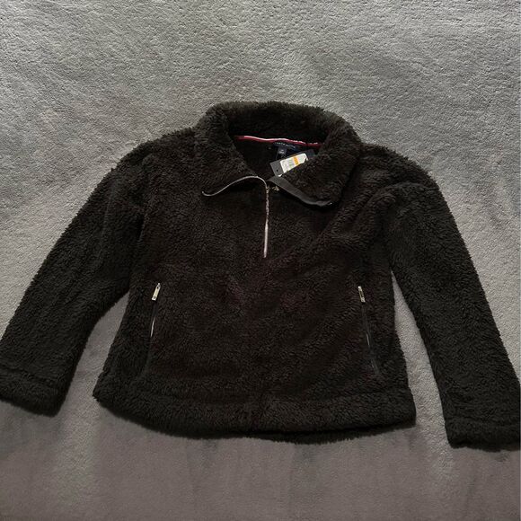 NEW Women’s Tommy Hilfiger Cozy Black Sherpa Fleece Bomber Jacket - Picture 1 of 7